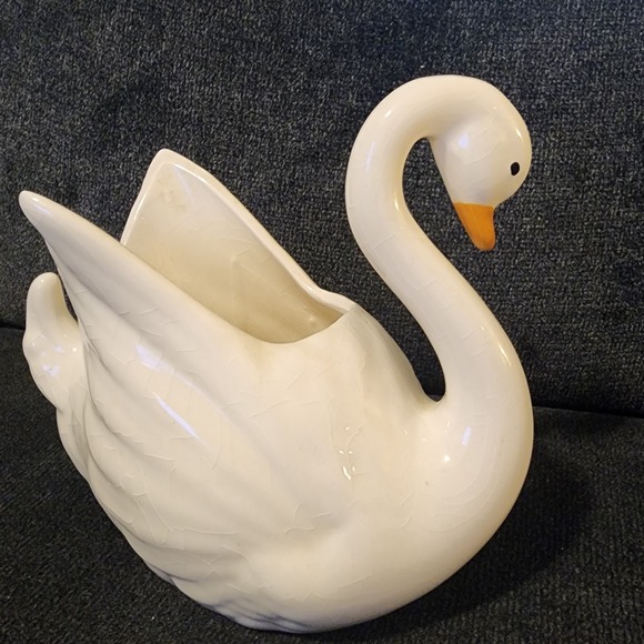 Vintage Large Crackle-Glaze Swan Planter MCM 8" w x 7.7" h - Picture 3 of 13